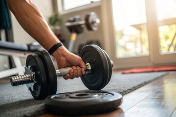 A close-up of a hand holding a dumbbell, ready to start a workout at home.