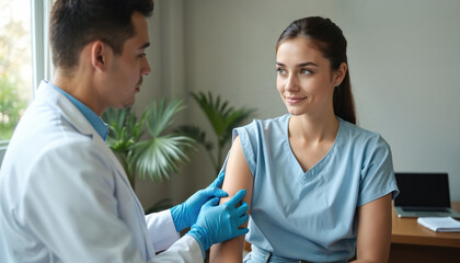 Fototapeta premium Medical pro vaccinating young woman. Doctor in white coat and blue gloves prepare patient for flu shot injection. Clinic, office interior setting, healthcare and medicine concept.