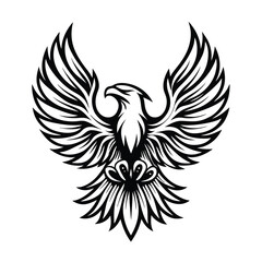 Tribal Eagle Silhouette, Bird of Prey, Black Ink Style, Wings Spread, Isolated Design