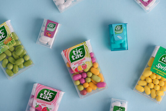 Lviv, Ukraine - April 1, 2025: Set of Tic Tac candies different flavours: mint, sprite, lemon, apple, fruits mix, strawberries mix and travel Tic Tac. Top view