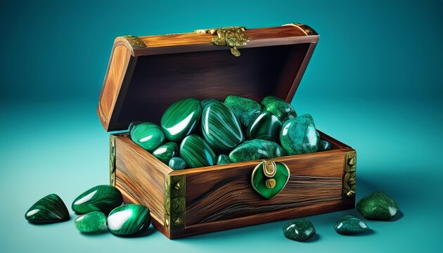 Malachiten ei einer Schatzkiste, blauer Hintergrund
