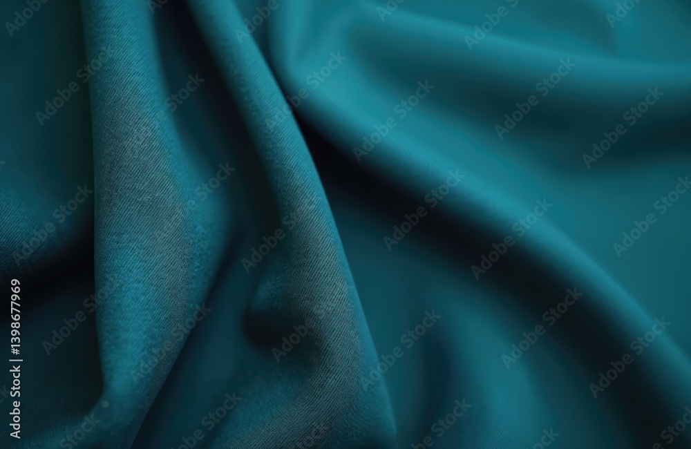 Poster close-up view of dark blue silk fabric with soft texture, wave and drapery. satin background for fas