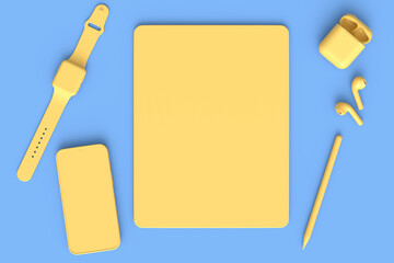 Computer tablet with stylus, smartwatch, phone and headphone on blue background