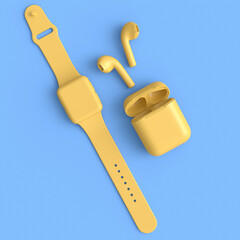 Stainless smart watch or fitness tracker and wireless headphones on blue