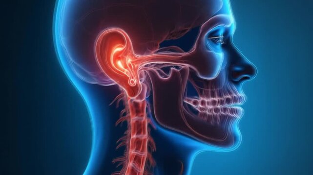 Footage video. Human skull eardrum and brain anatomy, human body internal organs ear, neck and nerves, body overlay. Generative AI	
