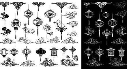 Asian design element set. Vector decorative collection of patterns, lanterns, flowers , clouds, ornaments in chinese and japanese style