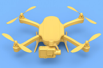 Flying photo and video drone or quad copter with action camera isolated on blue