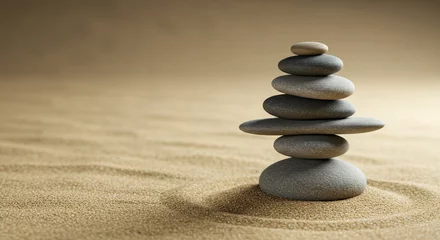 Selbstklebende Fototapeten A serene stone tower built on calm sandy ground, reflecting tranquility and balance in soft, warm light. © shadab