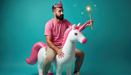 Bearded man in pink t-shirt, crown rides inflatable unicorn. Funny wizard joke, wish fulfillment. Confused face expression with magic wand on blue background. Fantasy, humor, creative, whimsical