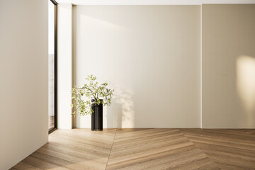 Fototapeta premium Empty minimalist room with natural light, wooden flooring, and a neutral wall, perfect for showcasing artwork or creative interior concepts. 3D render.