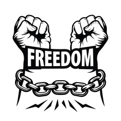 Two Fists Up with Freedom Banner and Chains, Strength, Black and White Art, Bold Outline