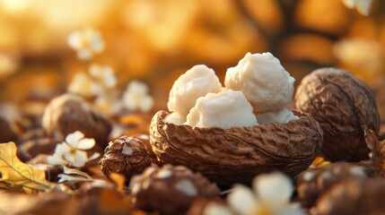 Gorgeous Shea Nuts Revealing Rich Shea Butter in Natural Setting Generative AI.