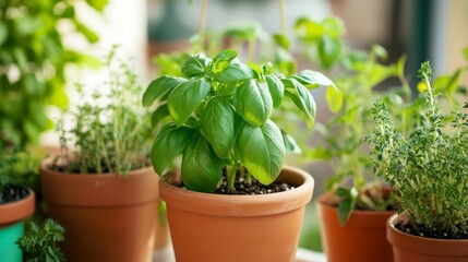 Fototapeta premium Indoor Herb Garden: Vibrant Potted Basil and Mediterranean Herbs for Eco-Friendly Home Gardening