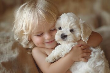 Child joyfully embraces fluffy puppy in cozy setting during a sunny afternoon