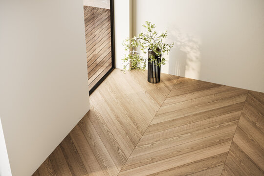 Top view of an empty interior with chevron wood flooring, soft lighting, and minimal decor. Ideal for backgrounds, mockups, or interior design presentations. 3D render.