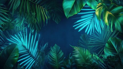 Fototapeta premium Green and Blue Neon Light with Tropical Leaves.
