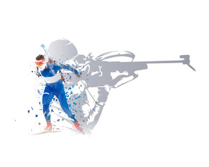 Biathlon double exposure, biathlon athletes - shooting and skiing, isolated vector illustration