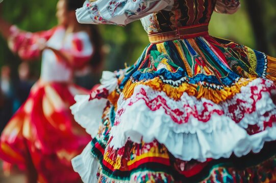 Two folk dancers, adorned in vibrant traditional costumes, joyfully performing a lively polka dance, celebrating cultural heritage and artistry
