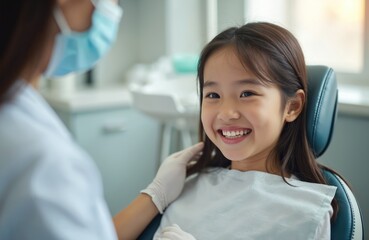 Fototapeta premium Happy young Asian girl smiles in dentist chair. Pediatric dental check-up at clinic. Doctor in uniform examines teeth. Oral health, child care, medicine, healthcare, teeth whitening.