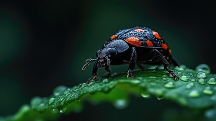 Naklejka premium Close-up of a ladybug on a dewy leaf. A vibrant, detailed view of a small ladybug with red spots on its black shell, positioned on a green leaf covered in water droplets.