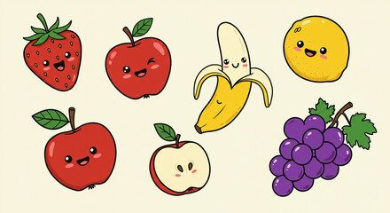 Delightful cartoon fruits expressing pure joy and happiness with bright, bold colors and simple outlines.
