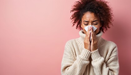 Young black woman sneezes into tissue against pink backdrop. Person wearing cozy sweater, showing cold flu symptoms. Winter health awareness, healthcare themes. Ideal promo for allergy flu season,