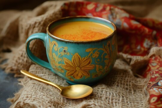 Golden milk turmeric latte served in a vibrant blue ceramic mug with a golden spoon, resting on a burlap surface - Powered by Adobe