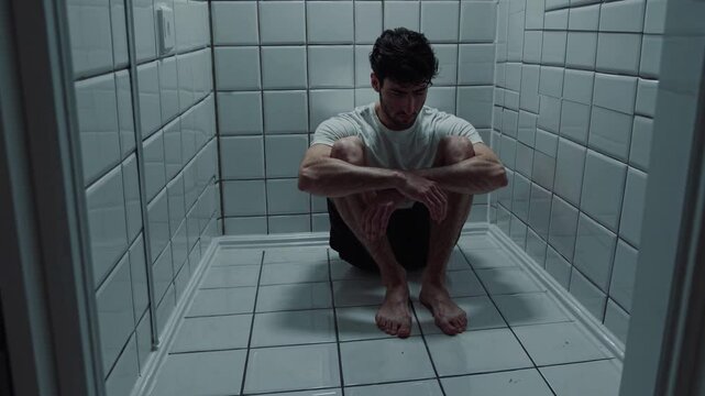 portrait of a young man hiding in the bathroom, loneliness, anxiety and depression, negative thoughts
