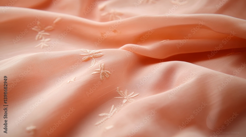 Poster a section of a flowing gown displays intricate floral embroidery in soft pastel shades, beautifully 