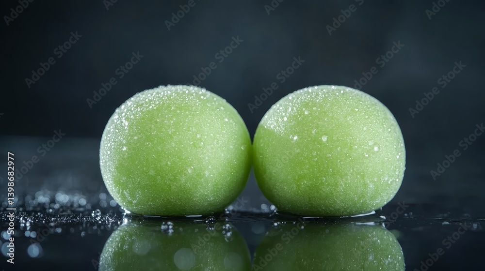 Poster two green apples rest side by side on a dark reflective surface, showcasing their freshness with dew