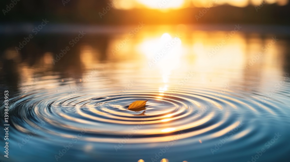 Aufkleber concentric ripples spread across the surface of a calm pond as a single leaf lands softly, capturing