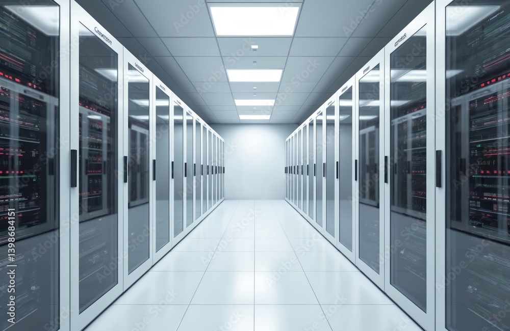 Fototapete Server room with rows server racks. Modern data center storing cyber data. Digital storage servers. Network communication, high-tech tech background, cloud computing.