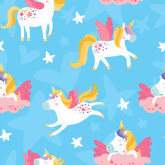 Childrens magic unicorn seamless pattern. Cute fairytales ornament hand drawn with unicorns, hearts, stars. Vector texture for kids bedding, fabric, wallpaper, wrapping paper, textile, t-shirt.