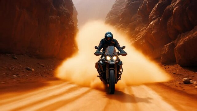 Motorcycle Adventure in Desert: A lone motorcycle rider fearlessly navigates a dusty desert canyon.
