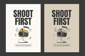 retro 70s poster with a playful cartoon camera character, vector illustration