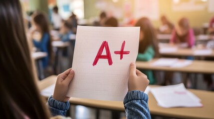 Successful Student Celebrating A+ Grades After Examination in Classroom - Academic Achievement and Education Motivation