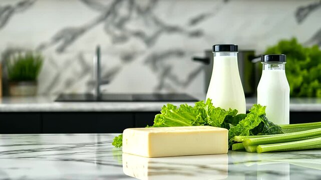 A kitchen countertop with an elegant display of dairy essentials