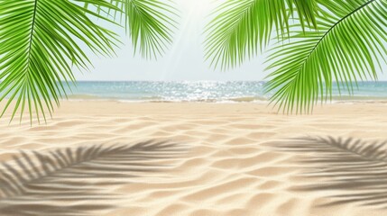 Obraz premium Palm leaves casting shadows on golden beach sand with a serene ocean view in the background during a sunny day