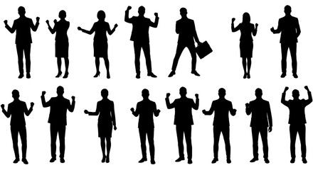 Powerful silhouettes of confident business people celebrating success, showcasing unity and achievement in a bold black and white style.