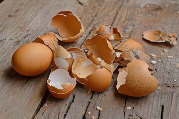 Broken Eggshells on Rustic Wooden Surface