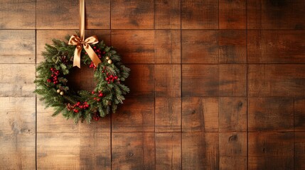 A beautiful wreath made of lush pine branches, vibrant red berries, and shimmering golden ornaments hangs gracefully on a rustic wooden door, creating holiday cheer