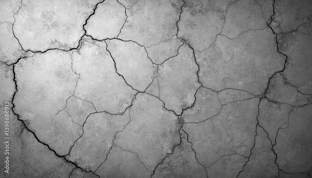 Poster grayscale concrete wall with large cracks. texture background for old design, urban, grunge styles. 