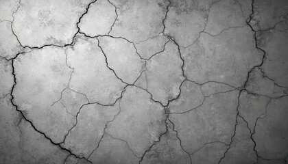 Fototapeta premium Grayscale concrete wall with large cracks. Texture background for old design, urban, grunge styles. Cracked stone or cement surface. Vintage wallpaper, damaged floor for grunge effects.