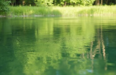 Obraz premium Green leaves reflect in calm water. Tranquil scene. Nature background. Trees, plants, grass on water edge. Calm water surface with rippled effect. Summer season beauty.