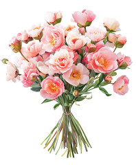 Obraz premium Pink roses bouquet PNG in watercolor style. Transparent background clipart suitable for greeting cards, floral branding, and wedding designs