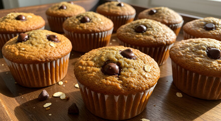 Delicious Homemade Oat Muffins With Chocolate Chips On Wooden Tray