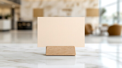 Blank card on a marble surface with a wooden holder. A simple and elegant presentation ideal for showcasing a message or design in a minimalist setting.