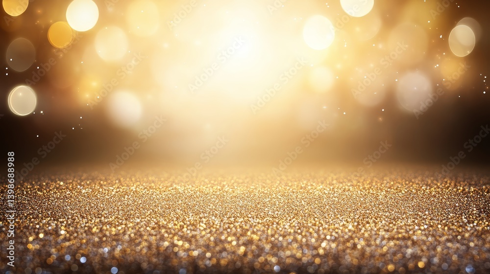 Fototapete Gold particles shimmer and explode in mid-air, surrounded by soft bokeh lights, creating a luxurious and vibrant abstract backdrop perfect for celebrations