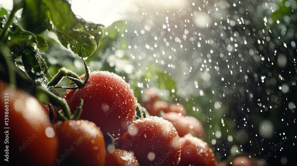 Poster fresh red tomatoes are clustered together, covered in tiny water droplets with blurred green leaves 