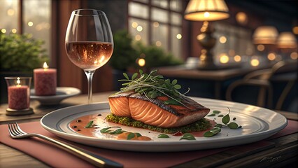 A romantic dinner for two featuring perfectly seared salmon, a glass of rosé, and soft candlelight in a cozy restaurant setting.